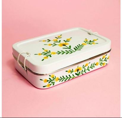 Stainless Steel White Printed Rectangular School Lunch Box