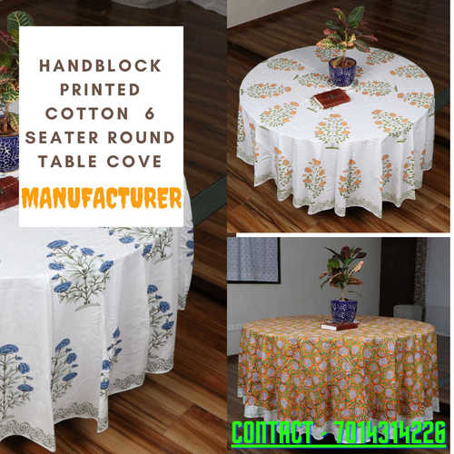 Multi Color Hand Block Printed Cotton 6 Seater Round Table Cover
