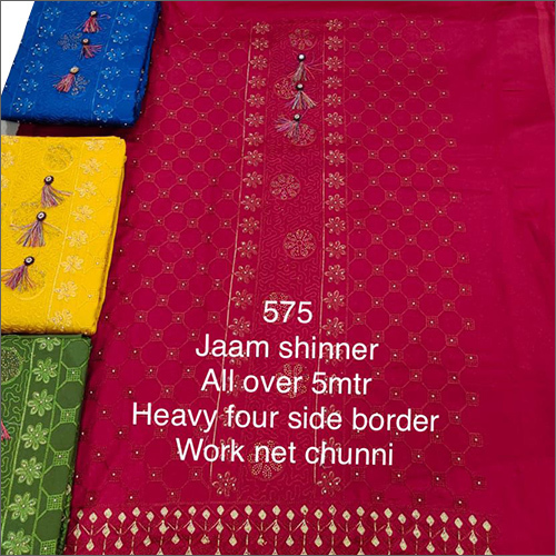 5 Meter  Jaam Shinner Heavy Border Work With Net Fancy Suits With Chunni
