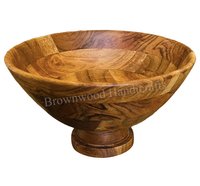 Handmade Natural Acacia Wood Bowl - 10x10x6 Inches | Polished Finish, Carved Folk Art Design, Ideal For Home Decoration Or Gifting