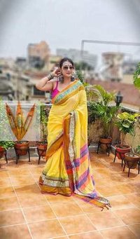 Pure Cotton Handloom Sarees - 6.5 Meters Length With Blouse Piece, Yellow Woven Pattern Ideal For Parties