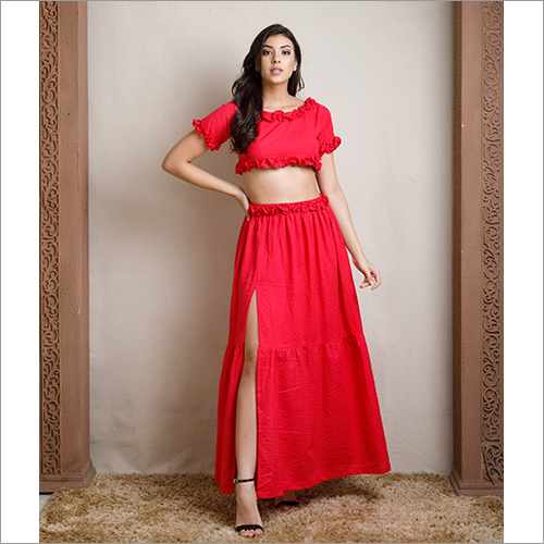 Red Cotton Slub Corset Top  With Long Skirt