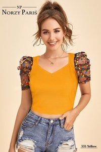 Trendy Designer Crop Tops - Knitted Fabric, V Neck, Short Sleeves, Available in Black and Yellow, Sizes S-XL