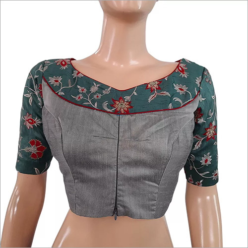 Grey Ladies Embroidered Raw Silk Blouse With Front Zip Open