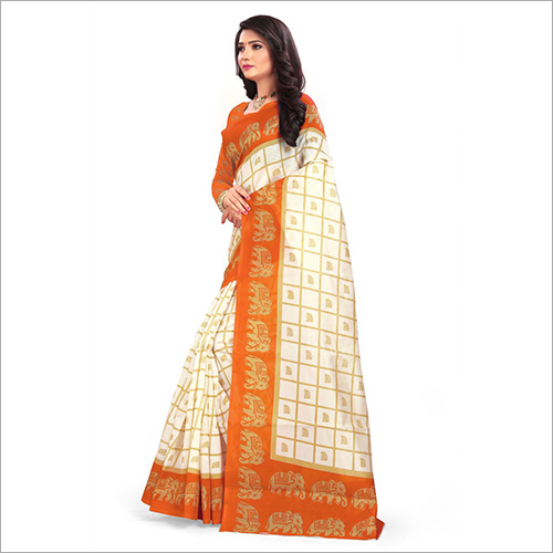 Ladies White And Orange Cotton Saree