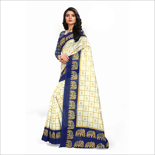 Ladies White And Blue Cotton Saree