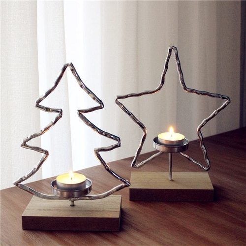 Brass Star and Tree Candle Holder With Wooden Taper