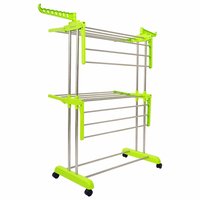 Ss Floor Clothes Drying Rack (2 Tier) - Stainless Steel, 36 Feet Drying Space, Lime Green | Foldable Cloth Drying Stand With 4 Castor Wheels