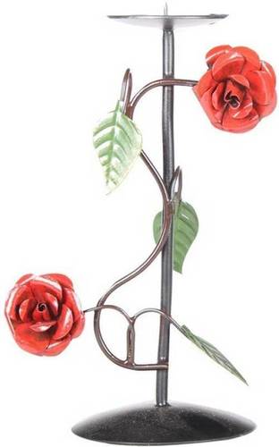 Rose Red Flower With Green Leaf Candle Holder