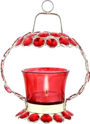 Brass Red Crystal Engraved Tea Light Candle Holder