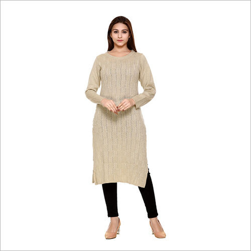 Beige Printed Woolen Kurta