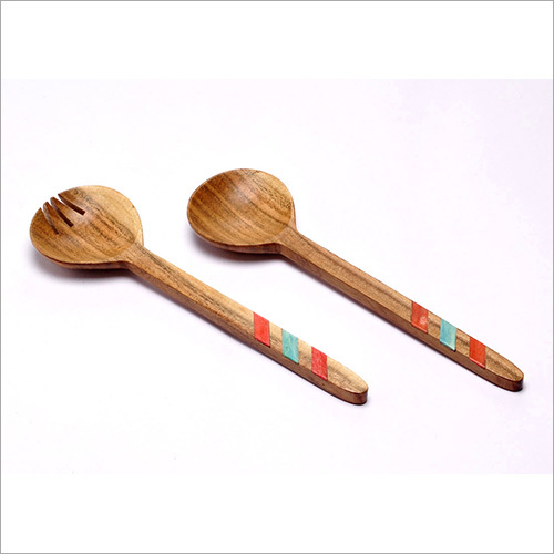 Brown Natural Wooden Salad Spoon With Resin Stripes