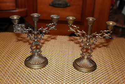 Vintage Brass Three Candle Holder Set of Two