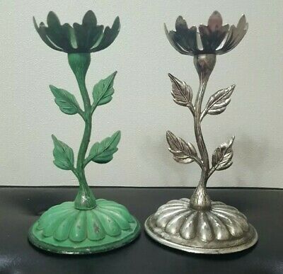 Brass Green and Silver Flower Taper Candle Holder
