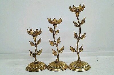 Brass Three Different Size of Leaf Engraved Taper Candle Holder