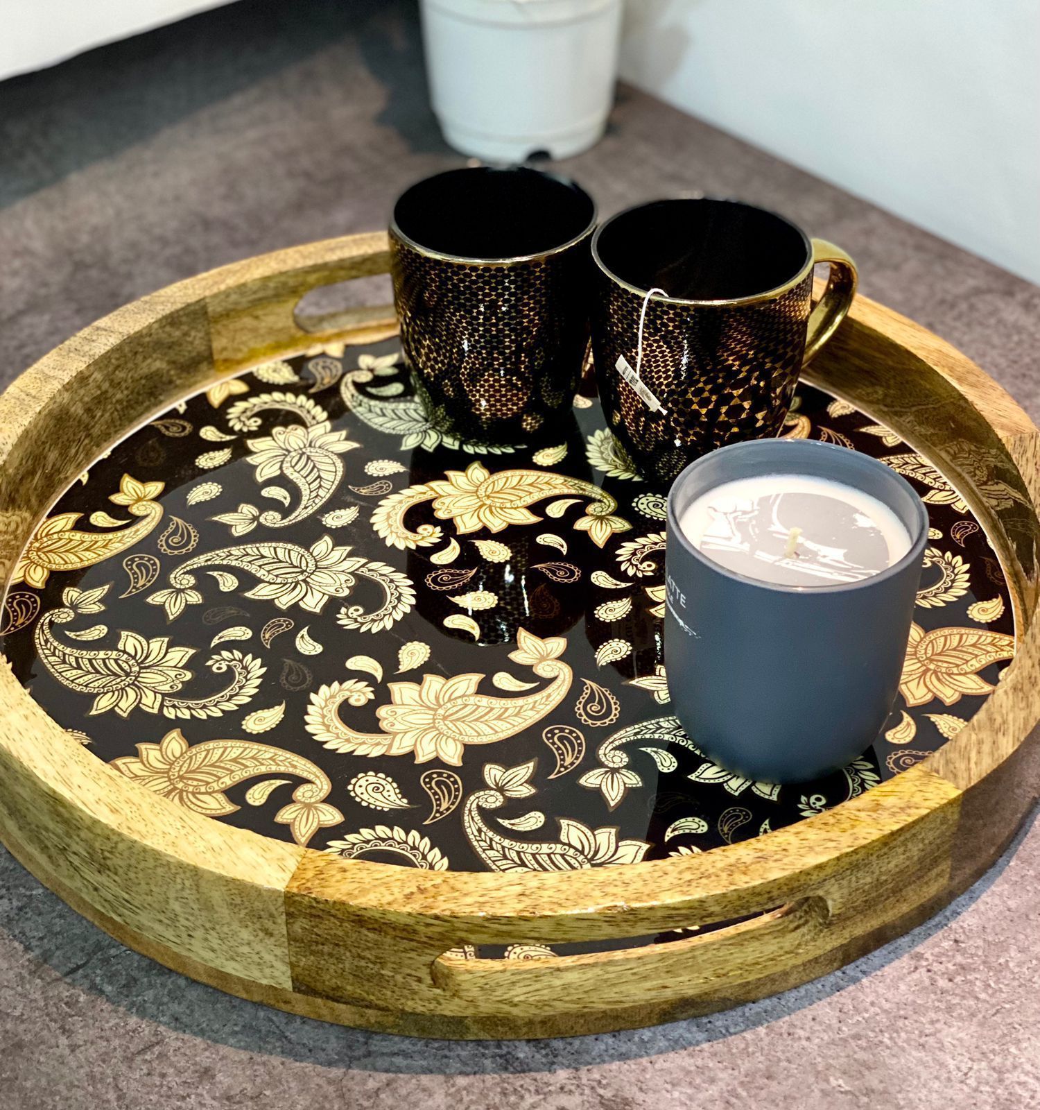 Wooden Resin Printed Tray, Round Tray