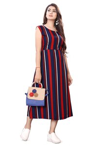 Ladies Multicolor Sleeveless Floral Dress - Poly Crepe, 45 Inch Length | Vibrant Trendy Design, Elegant Solid Round Neck, Flared Style, All Season Wear