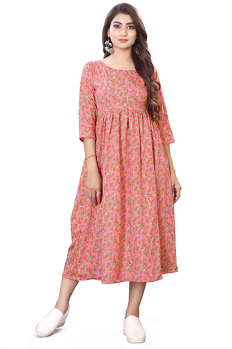 Ladies Peach Color Half Sleeve Floral Kurtis