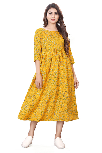 Ladies Yellow Color Half Sleeve Floral Kurti