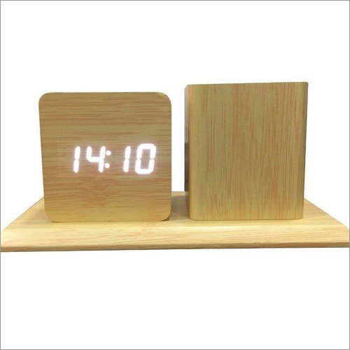 Wooden Pen Stand With Table Clock