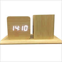 Wooden Pen Stand With Table Clock