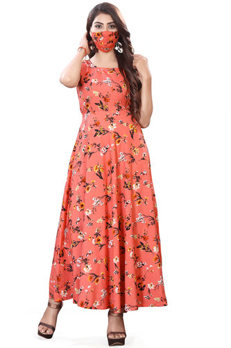 Ladies Peach Color Sleeveless Floral Dress