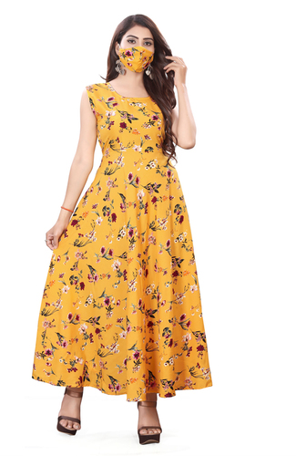 Ladies Yellow Color Sleeveless Floral Dress