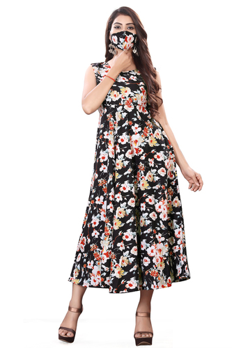 Ladies Black Color Sleeveless Floral Dress