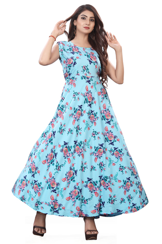 Ladies Sky Blue Color Sleeveless Floral Dress