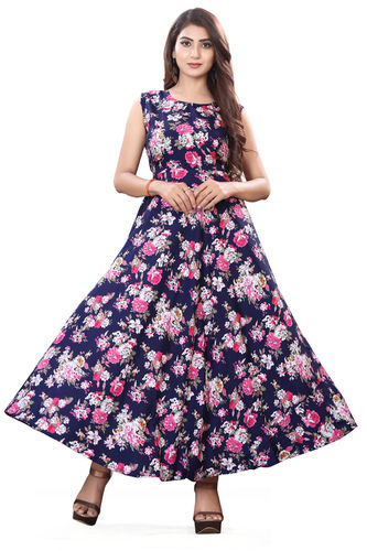 Indian Ladies Blue Color Sleeveless Floral Dress