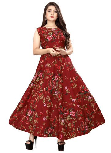 Indian Ladies Maroon Color Sleeveless Floral Dress