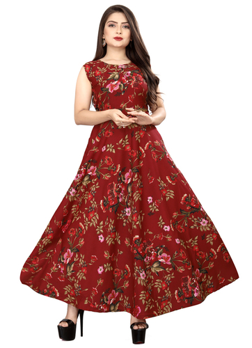 Ladies Maroon Color Sleeveless Floral Dress
