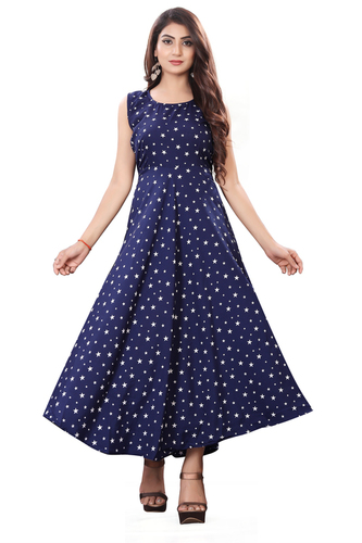 Ladies Dark Blue Color Sleeveless Floral Dress