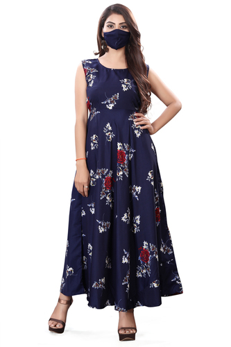 Ladies Navy Blue Color Sleeveless Floral Dress
