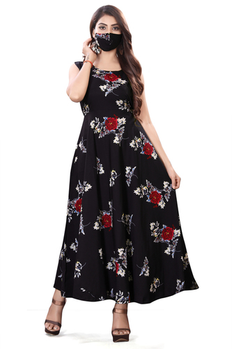 Ladies Black Color Sleeveless Floral Dress