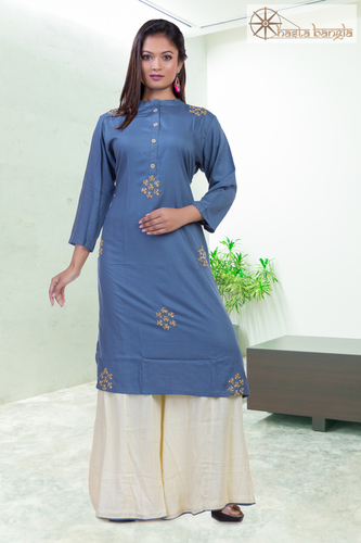 CutDana Hand Embroidery Cotton Rayon Kurti Plazo Set