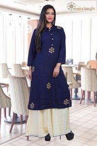 CutDana Hand Embroidery Cotton Rayon Kurti Plazo Set