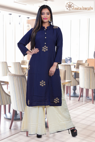 CutDana Hand Embroidery Cotton Rayon Kurti Plazo Set