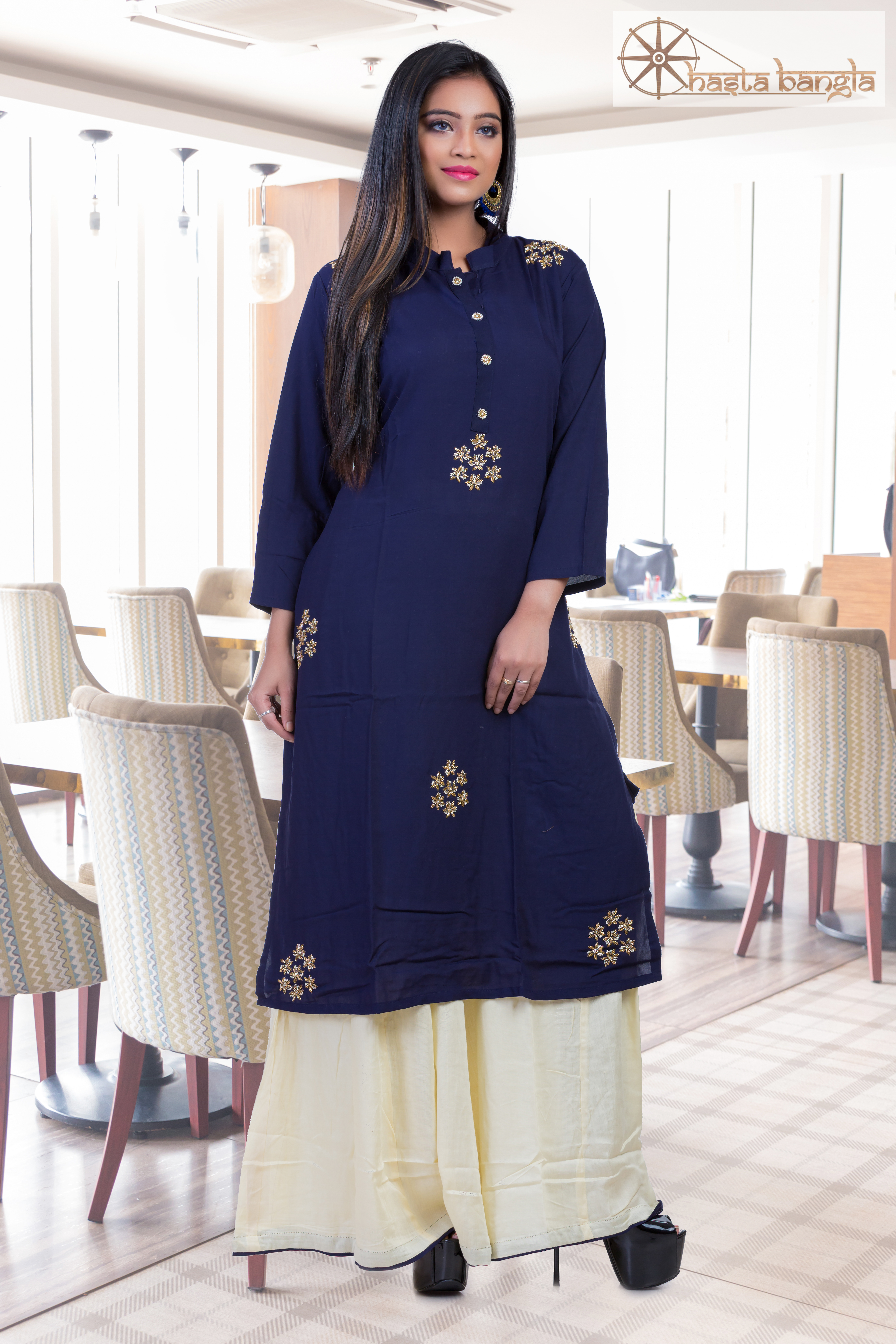 CutDana Hand Embroidery Cotton Rayon Kurti Plazo Set