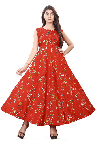 Ladies Red Color Sleeveless Floral Dress