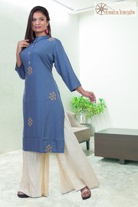 CutDana Hand Embroidery Cotton Rayon Kurti Plazo Set
