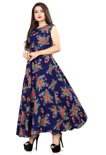 Ladies Navy Blue Color Sleeveless Floral Dress