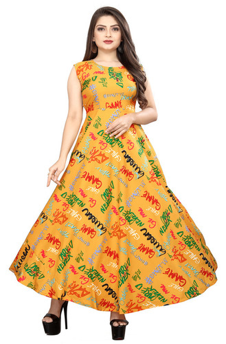 Ladies Yellow Color Sleeveless Floral Dress
