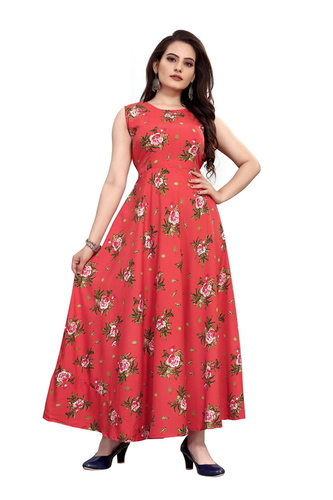 Ladies Peach Color Sleeveless Floral Dress