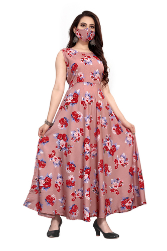 Ladies Peach Color Sleeveless Floral Dress