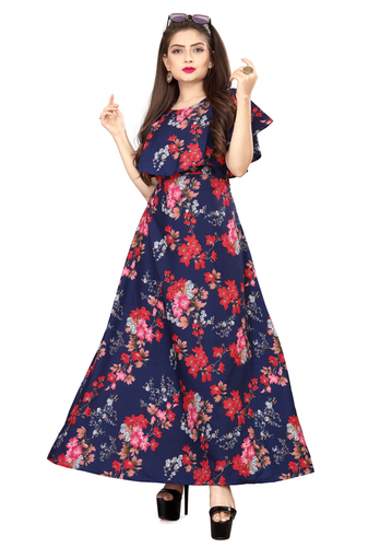 Ladies Blue Color Short Sleeve Floral Dress