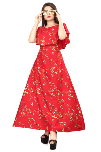 Ladies Red Color Short Sleeve Floral Dress