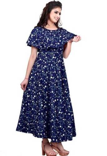 Ladies Navy Blue Color Sleeveless Floral Dress