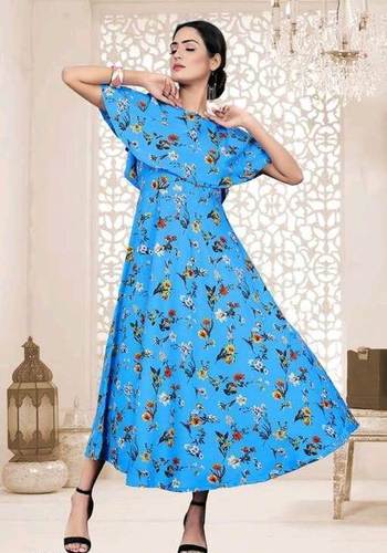 Ladies Sky Blue Color Short Sleeve Floral Dress