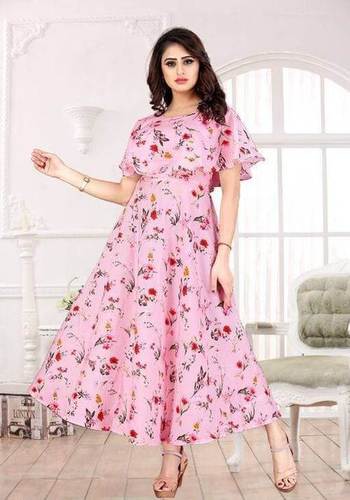 Ladies Pink Color Short Sleeve Floral Dress
